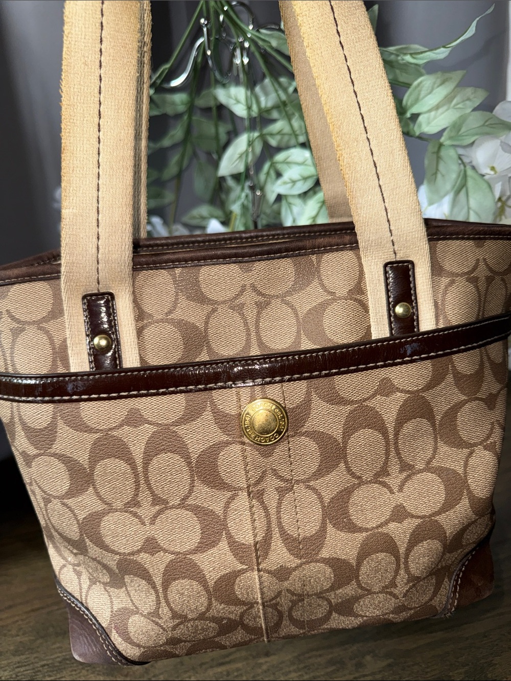 Coach Brown Signature Canvas Tote with Red Logo Accent - Picture 8 of 16